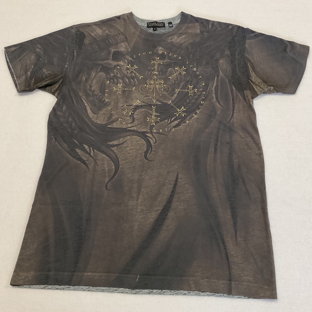 Black Label Affliction Mens Large T-Shirt Skulls Crosses Burnout Wash Gray Gold